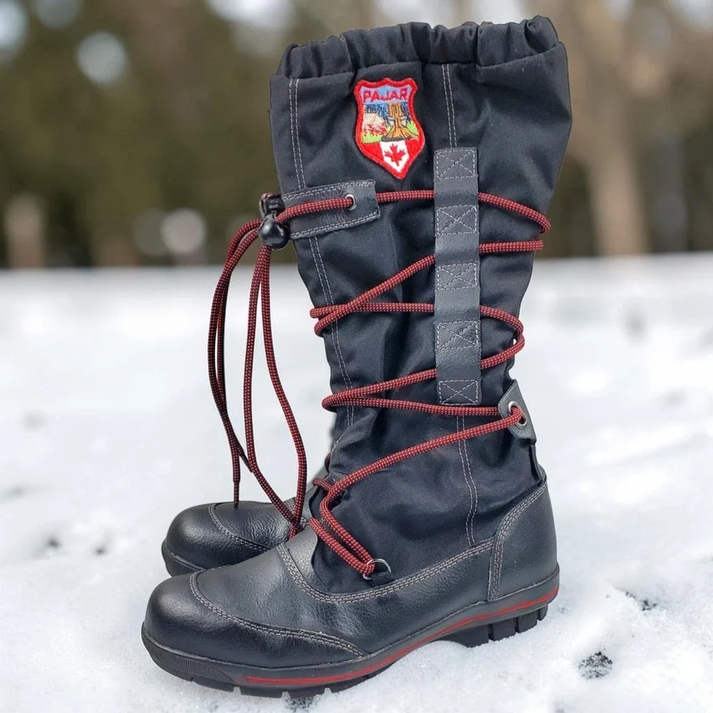 Pajar Canada Black Leather Tall Snow Boots Red Bungee Lace‎ EU 37